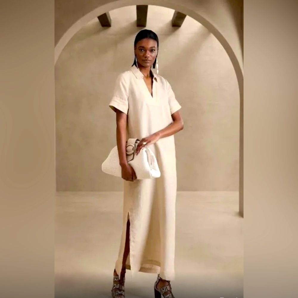 Banana Republic Cruz Linen Maxi Dress Washed Stone Beige Xxs